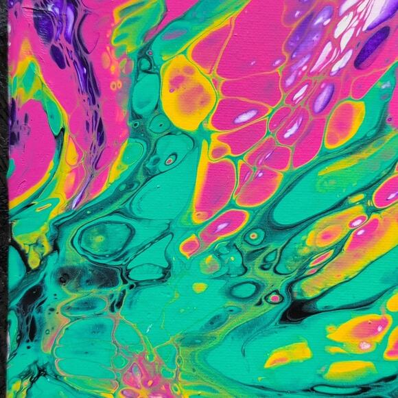 Handmade Acrylic Fluid Art  Bloom Pink Green Purple  Stretched Canvas 10"×10" - Picture 2 of 7
